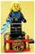 A LEGO figure of a female ninja, from the Ninjago series, holding a lightning piece, stands on a decorative base with 'Ninjago' logo.