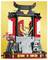 LEGO set featuring a detailed shrine with red and black accents, a cherry blossom tree, and a minifigure holding a staff at the center.