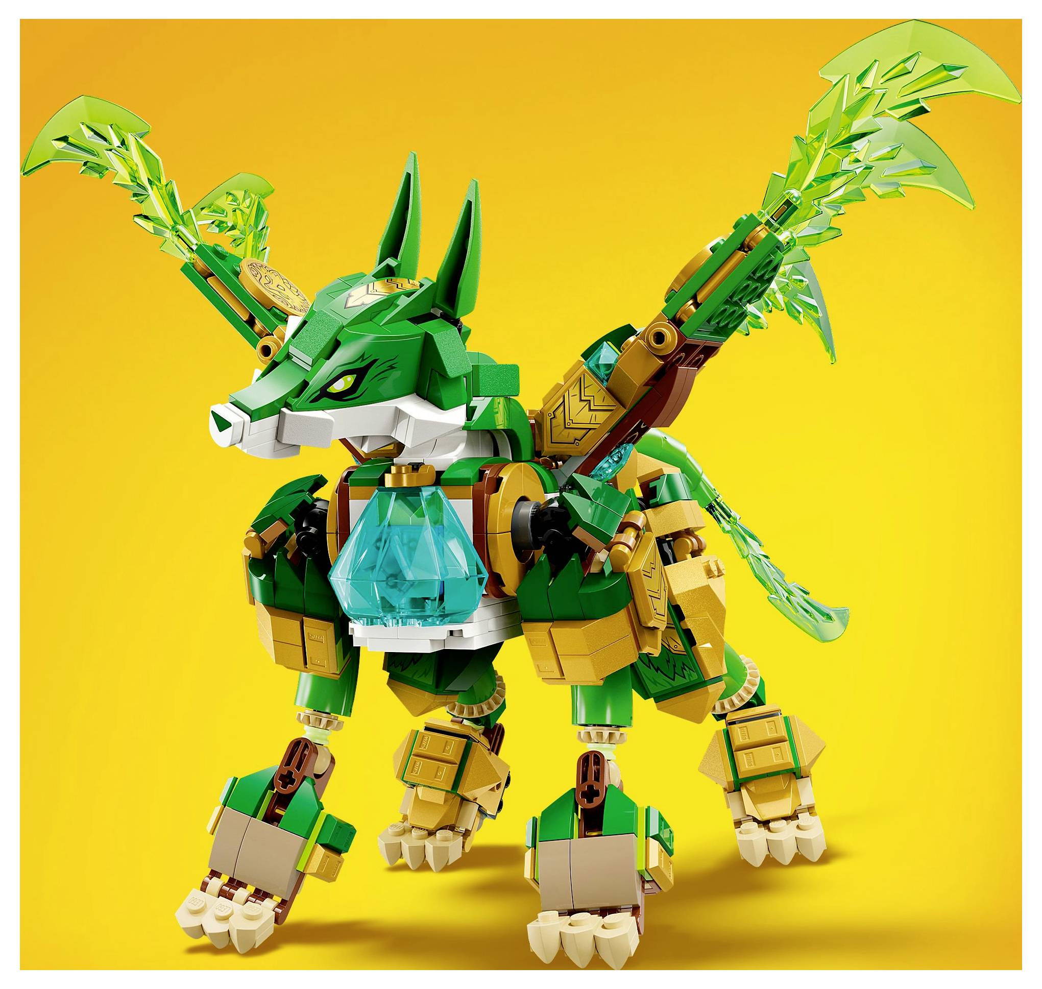 A green and gold dragon-like creature made from building blocks stands on four legs, with wings and angular features, against a yellow background.