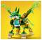A green and gold dragon-like creature made from building blocks stands on four legs, with wings and angular features, against a yellow background.