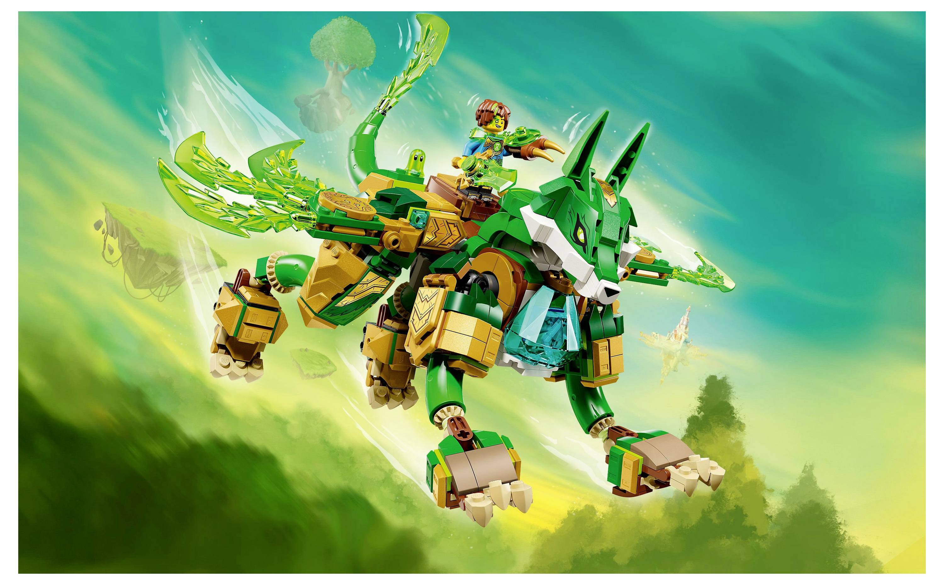 A child rides a large, green mechanical creature with wings in a fantasy landscape, suggesting adventure and creativity with toys.