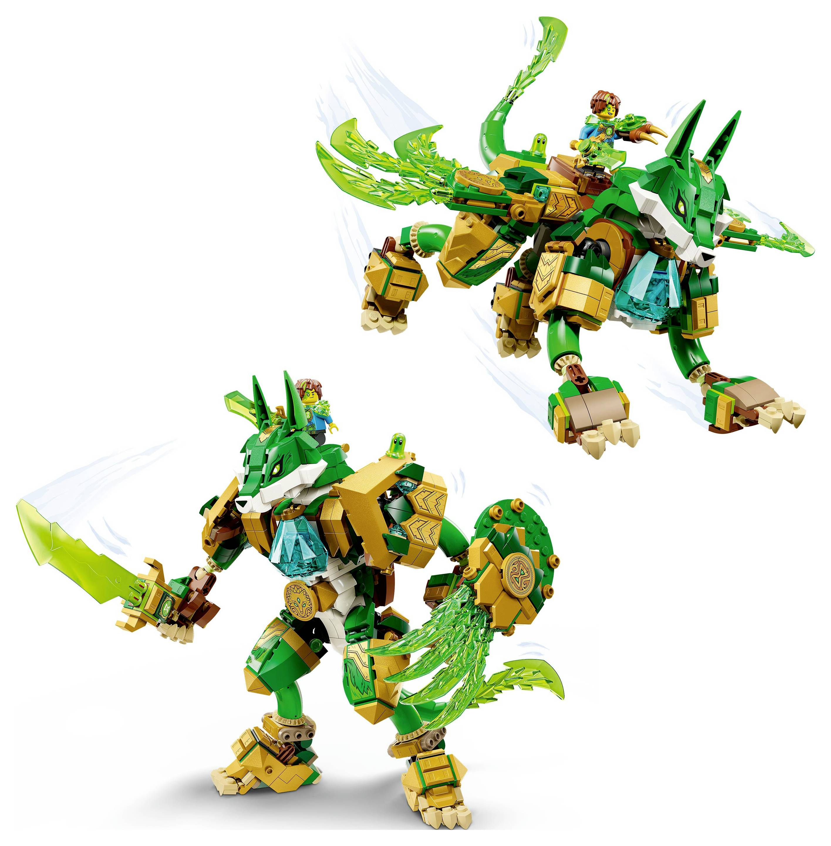 A green and gold dragon and warrior action figure, with green flames and a large sword, posed in dynamic combat and flight positions.