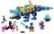 A colorful, assembled LEGO set featuring a mechanical dinosaur with vibrant blue and orange hues, surrounded by small LEGO characters and accessories.