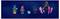 'Five toy figures with blue and purple designs on a wavy blue background, including an alien and a small creature.'
