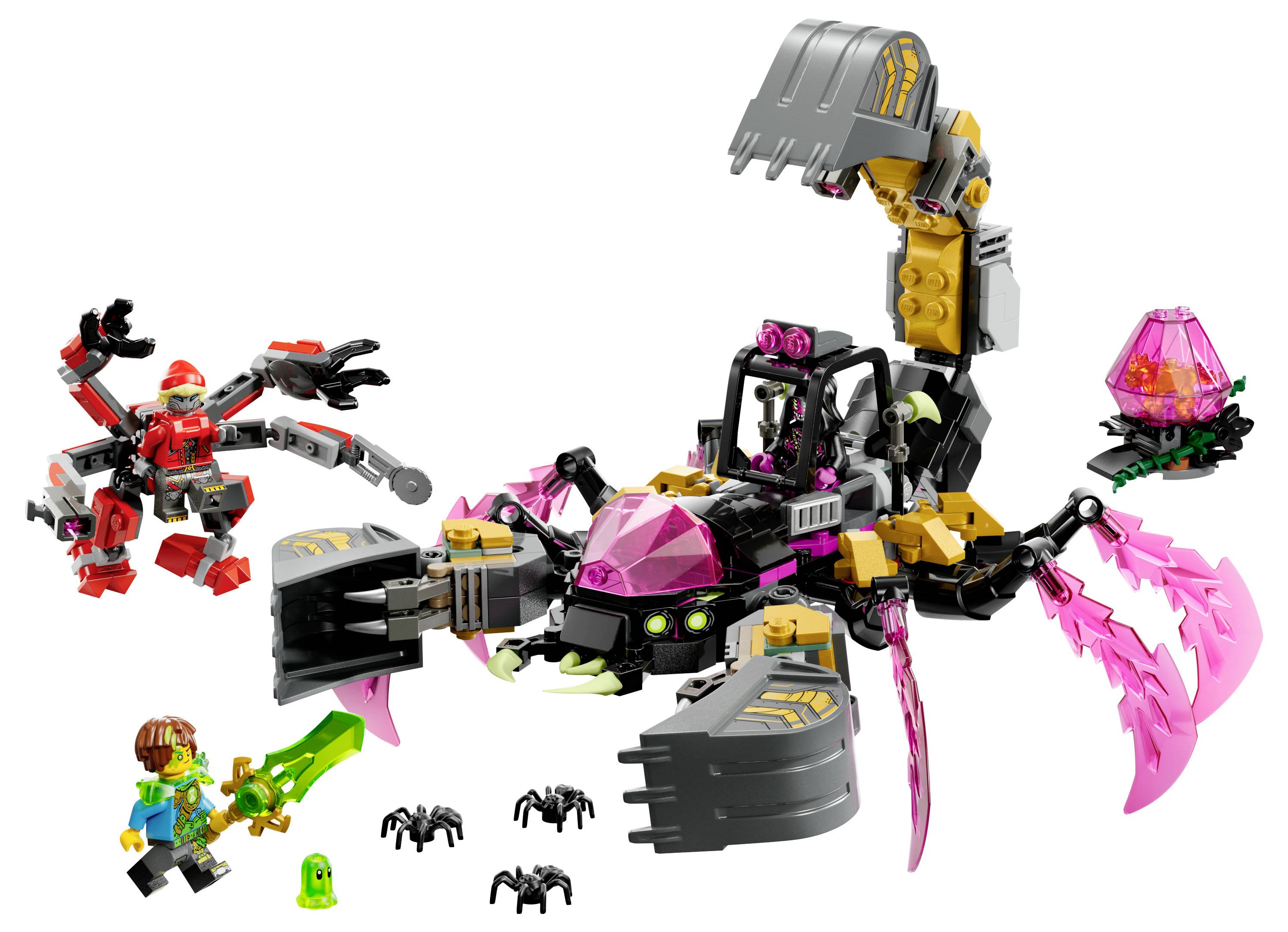 A toy set featuring a robotic scorpion with pink accents, a warrior with a green sword, and a figure with claw-like arms engaging in action.
