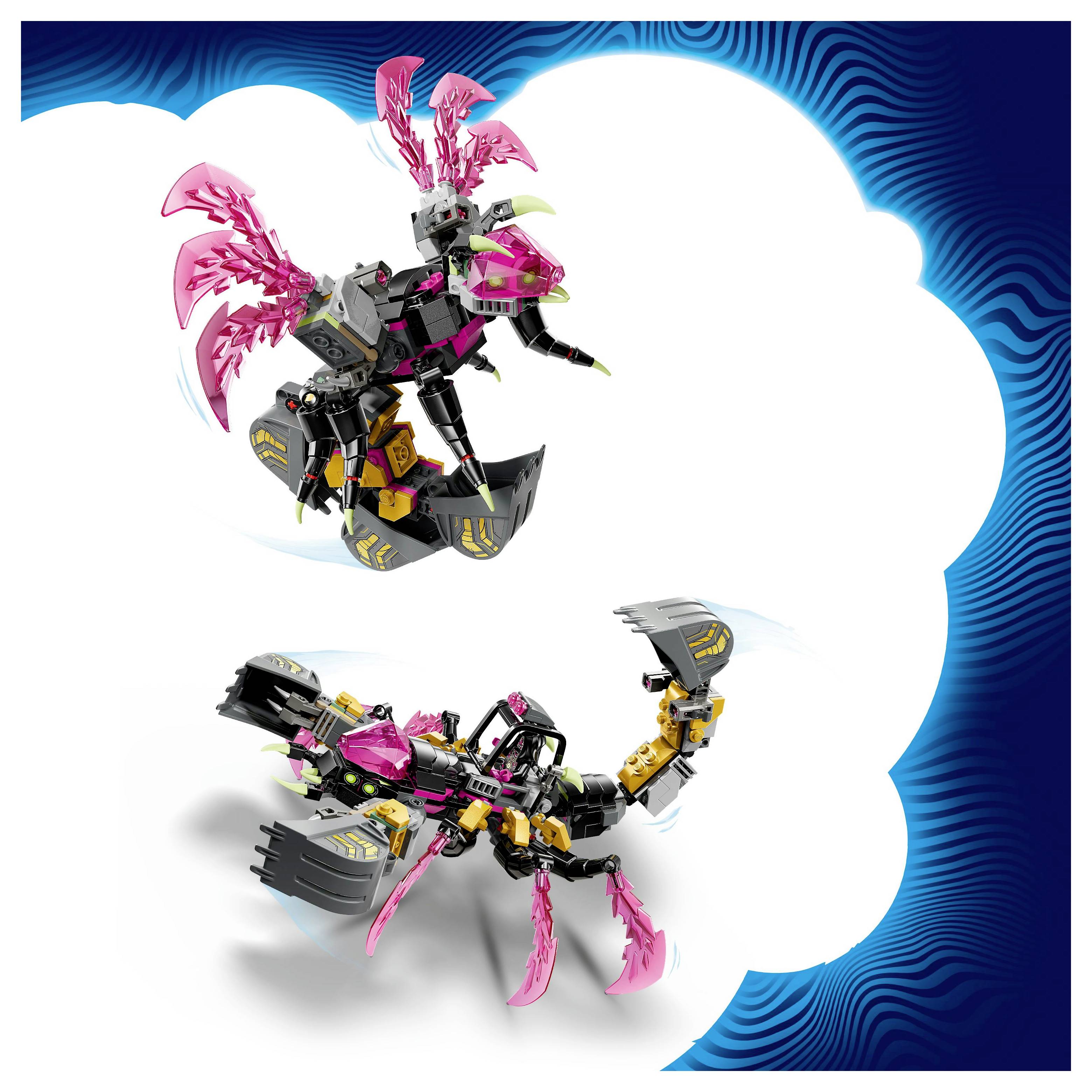 Two intricate, futuristic robot toys with pink details, resembling a dragon and a scorpion, against a dynamic blue and white background.