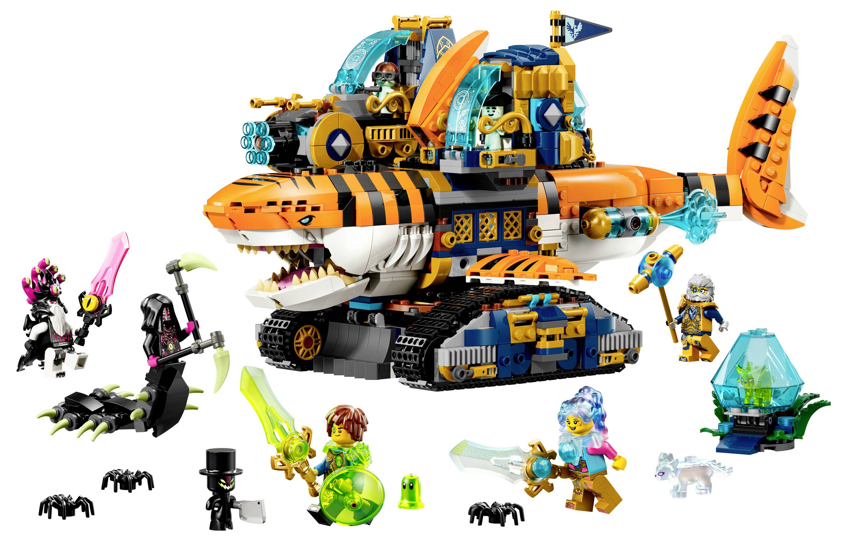 An orange, shark-shaped vehicle made of toy blocks, with small figures and accessories surrounding it, depicting a fantasy adventure theme.
