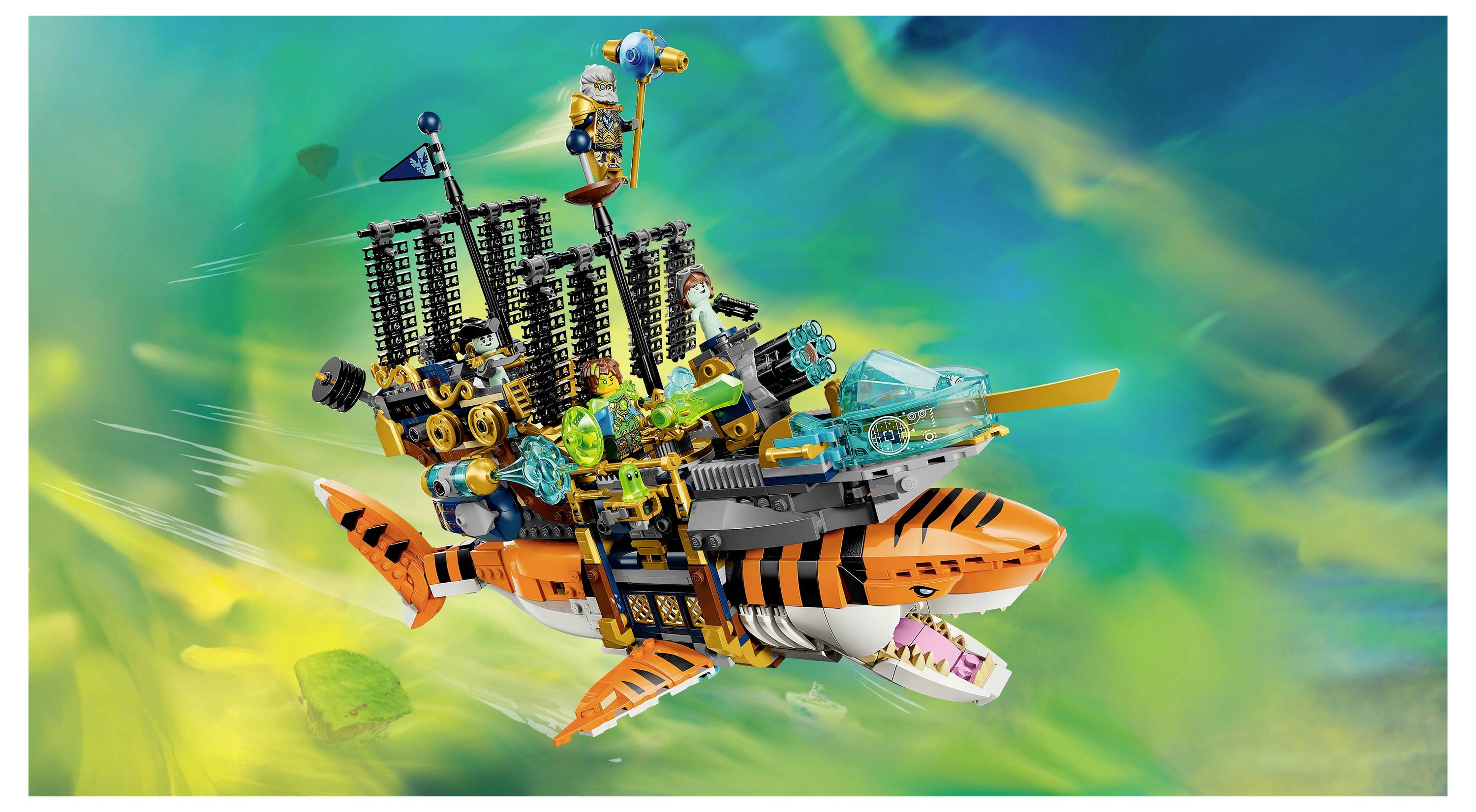 A colorful toy ship shaped like a shark with sails and minifigures, set against a vibrant green and blue background.