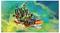 A colorful toy ship shaped like a shark with sails and minifigures, set against a vibrant green and blue background.