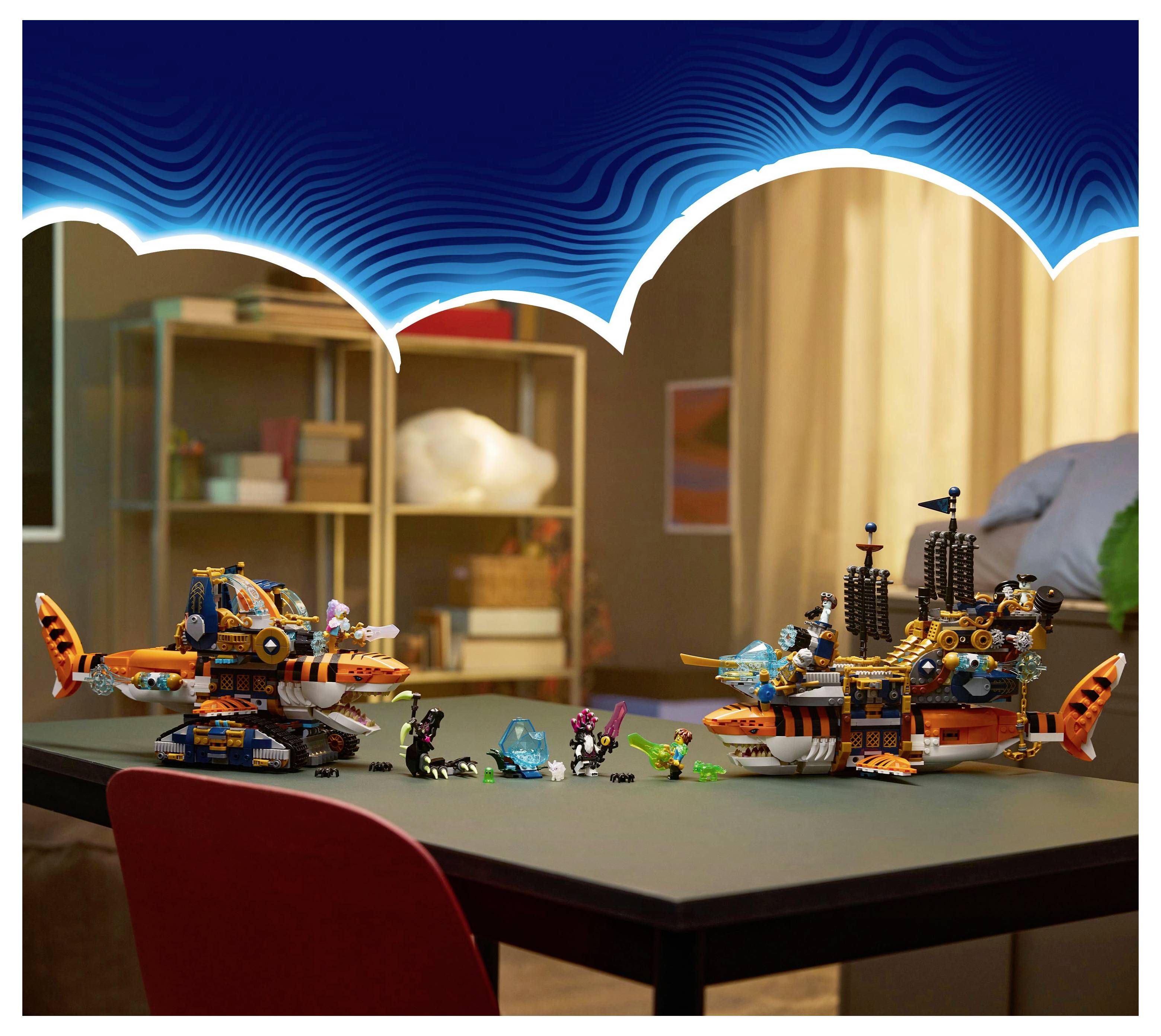 Two toy submarines with pirate and sea creature figures are displayed on a table in a kids' playroom.