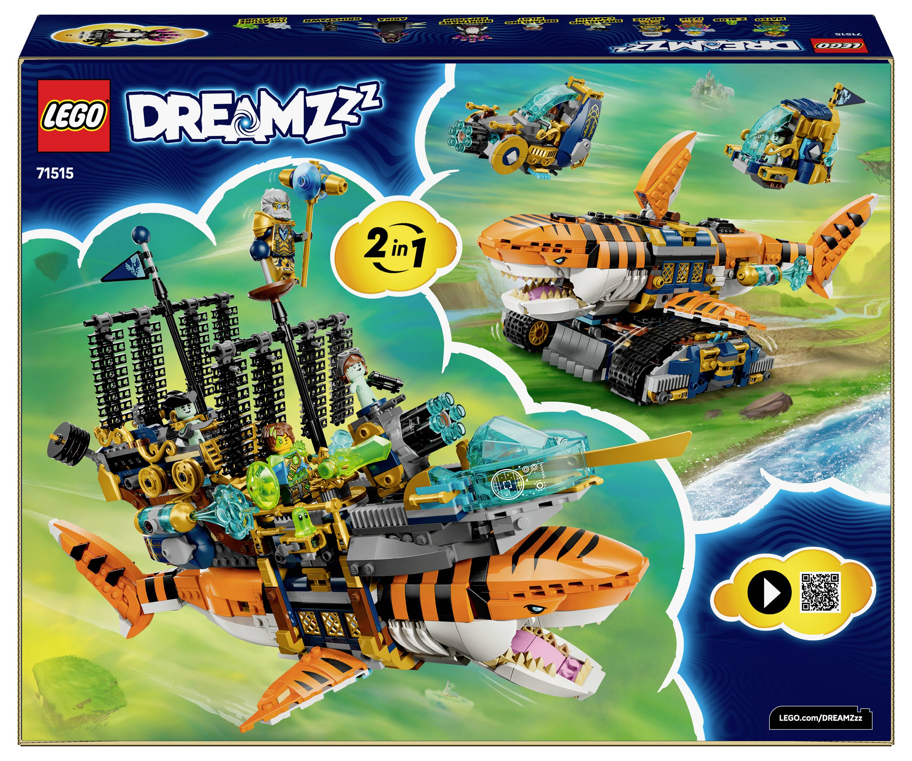 LEGO DREAMZzz 2-in-1 set featuring colorful shark robots with detachable parts and mini figures in a dynamic, ocean-themed setting.
