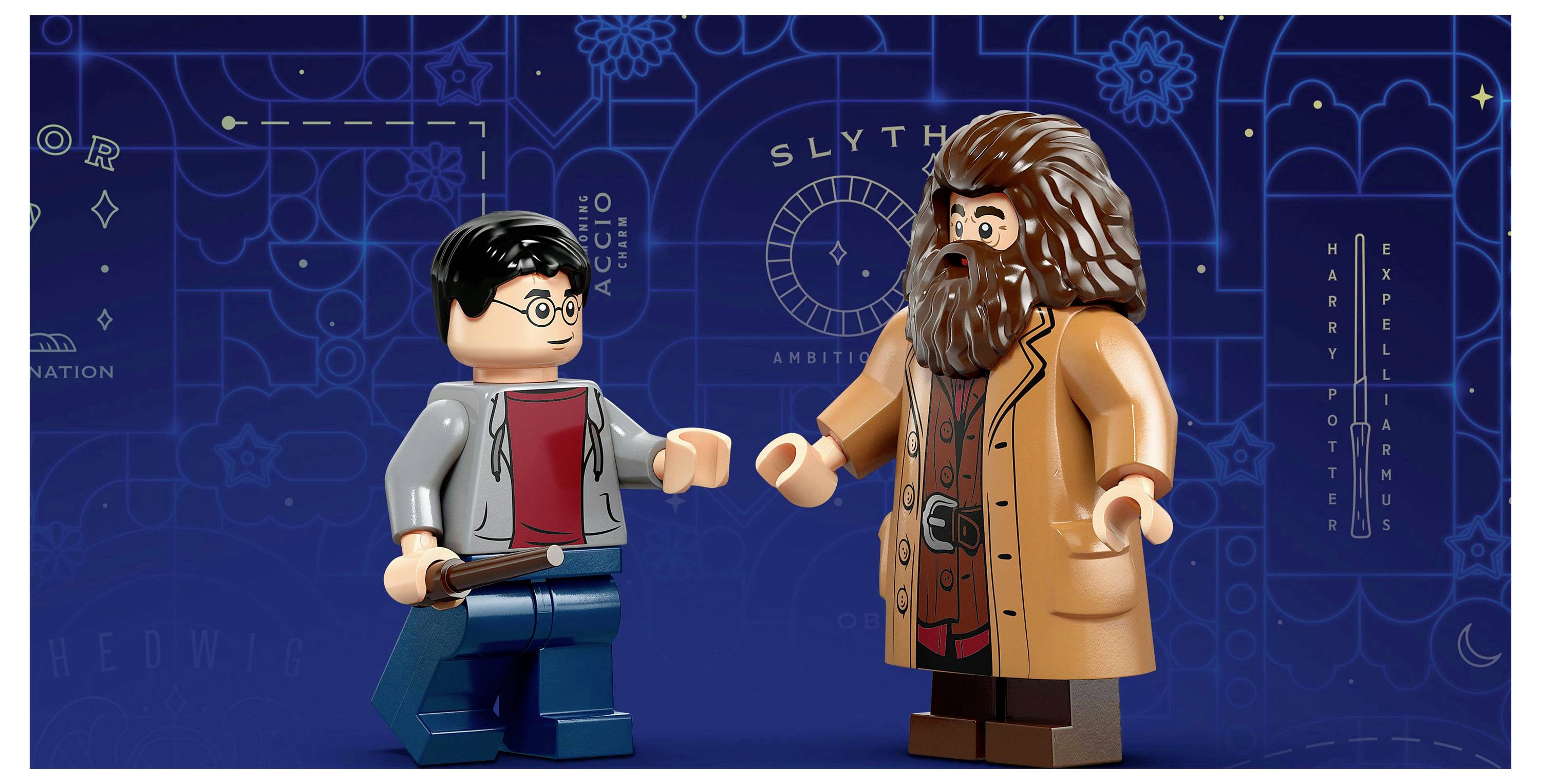 Two Lego figures: one with glasses holding a wand, and another with a beard in a brown coat, set against a blue patterned background.