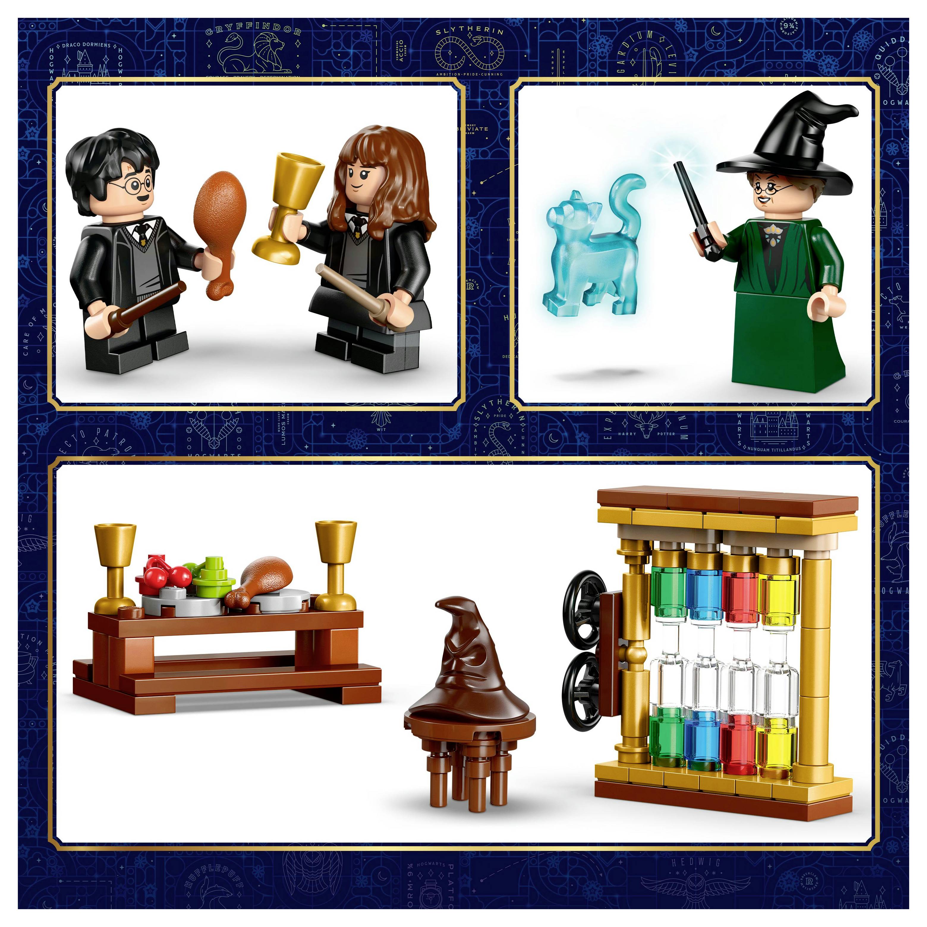 Lego figures of two characters in a dining scene with a table set with food and drinks, and a wizard casting a spell alongside potion bottles.