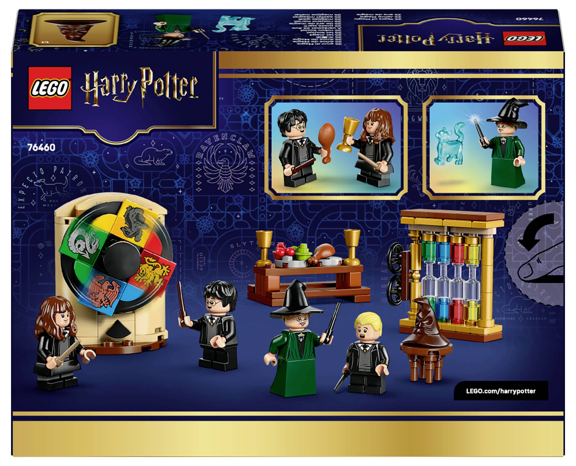 LEGO Harry Potter set with mini-figures of Hogwarts characters, magical items, and a sorting hat. Features house-themed accessories.