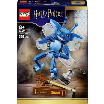 LEGO Harry Potter 320-piece set for ages 8+, featuring a buildable Cornish Pixie with wings, wand, and potion bottle on display stand.