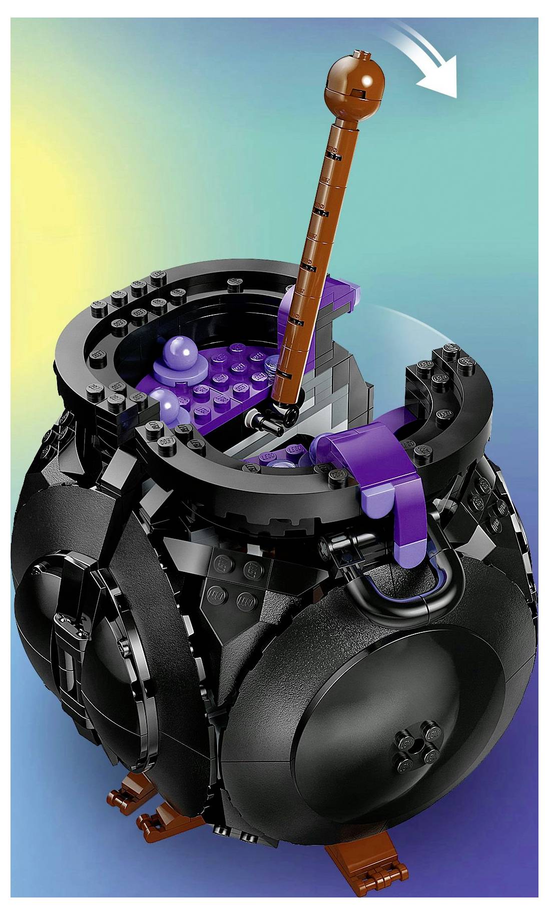 'LEGO cauldron with stirring stick and small purple elements, against a gradient background. Arrow indicating object's rotation.'