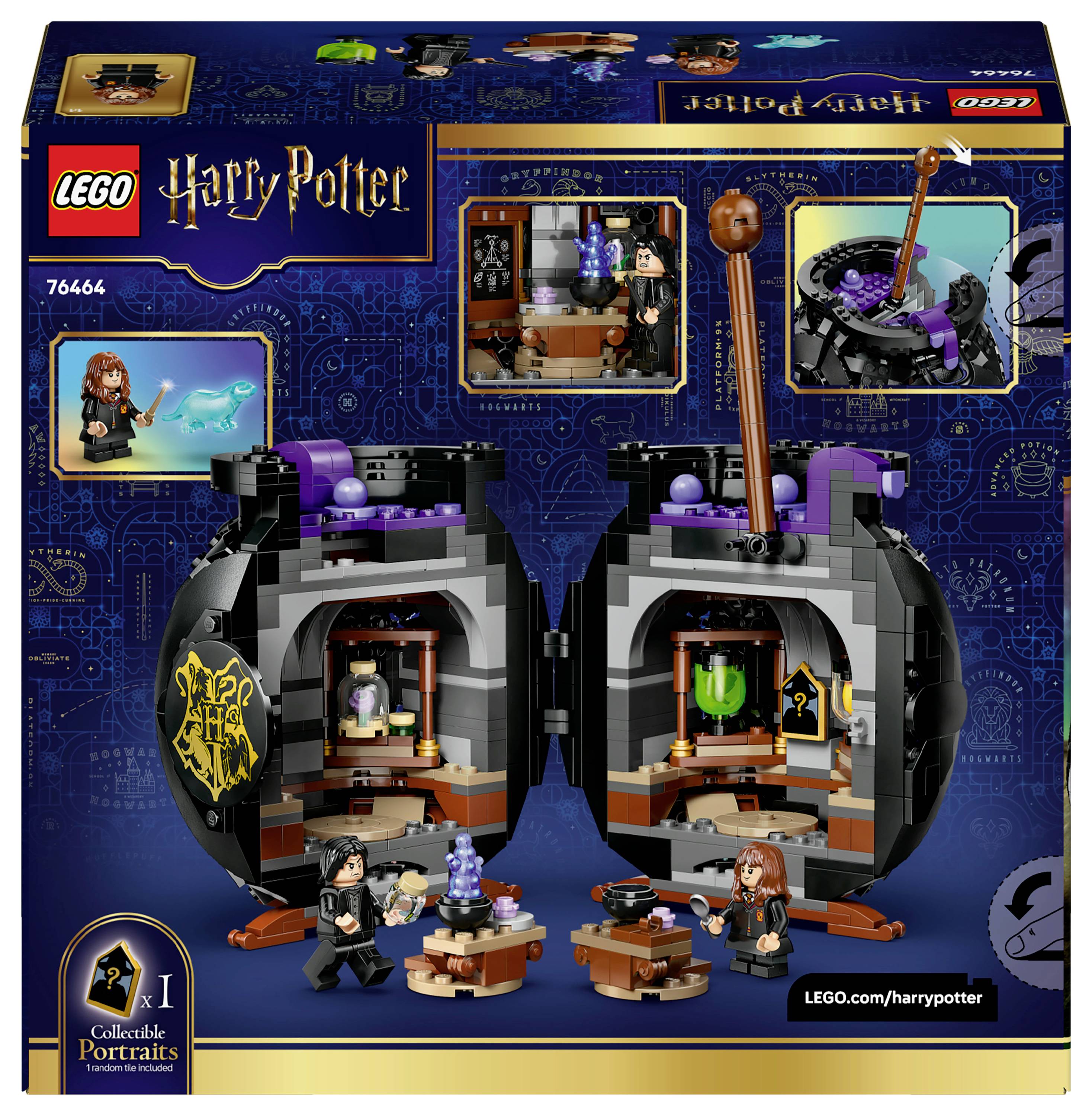 LEGO Harry Potter set box shows magical potion-making scene in spherical chambers with two mini-figures, a cauldron, and potion bottles.