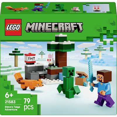 Lego Minecraft set box showing 'Steve's Taiga Adventure' with mini figures of Steve, a creeper, a fox, and a tree. Contains 79 pieces.