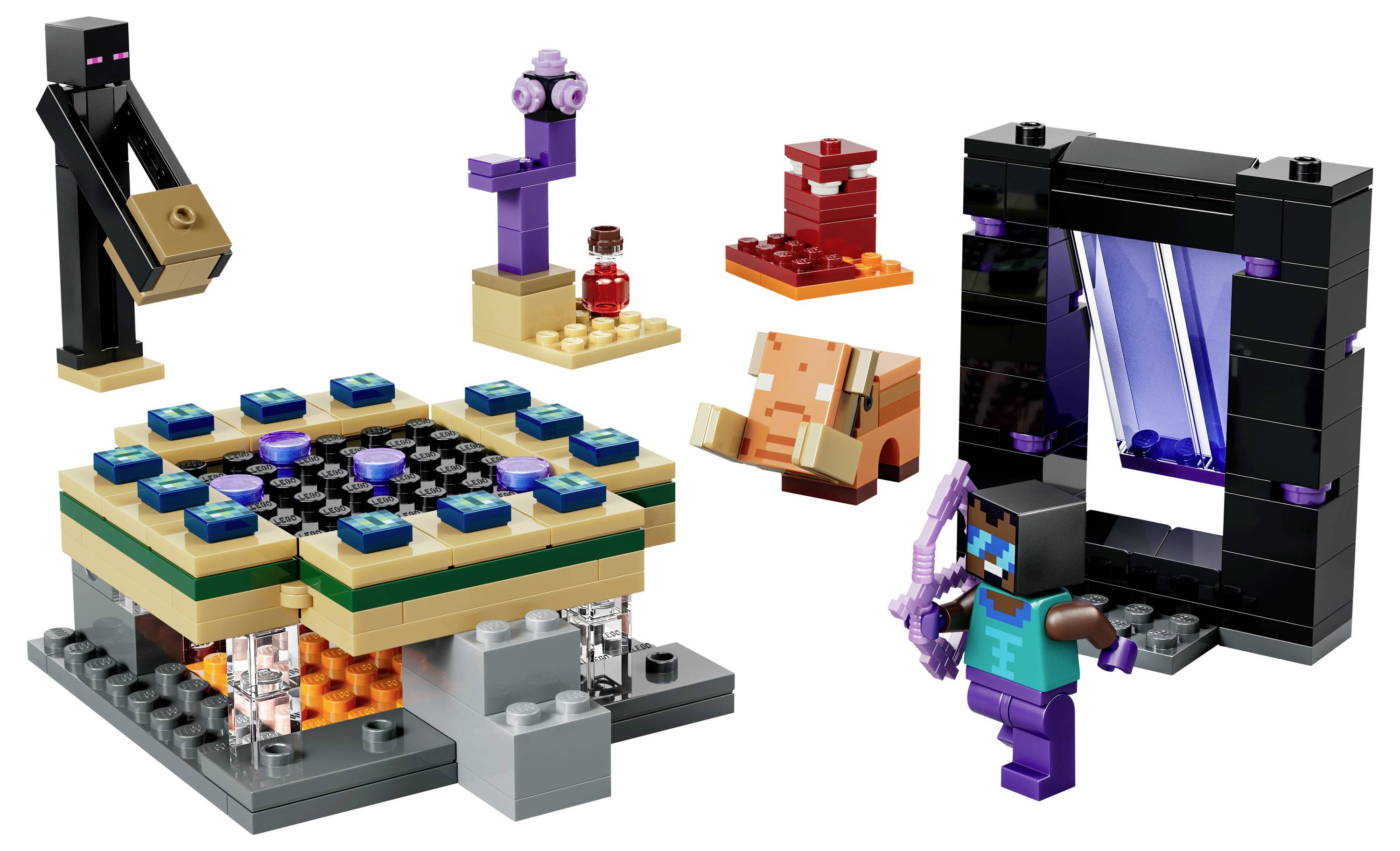 Lego set depicting a scene inspired by a video game, featuring a character with a bow, a portal, creatures, and a potion on various platforms.
