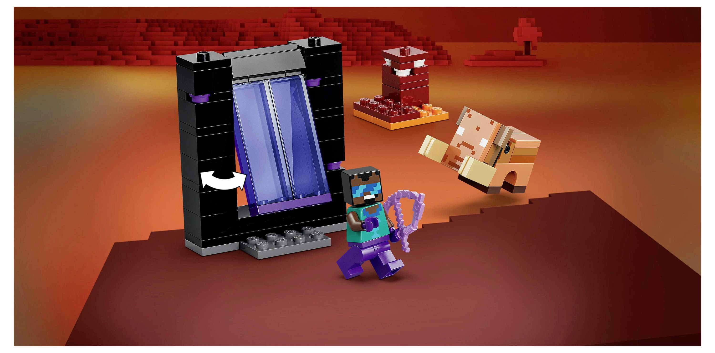 A blocky character holds a crossbow in a pixelated world, standing next to a portal slab, with a pig-creature in the background.