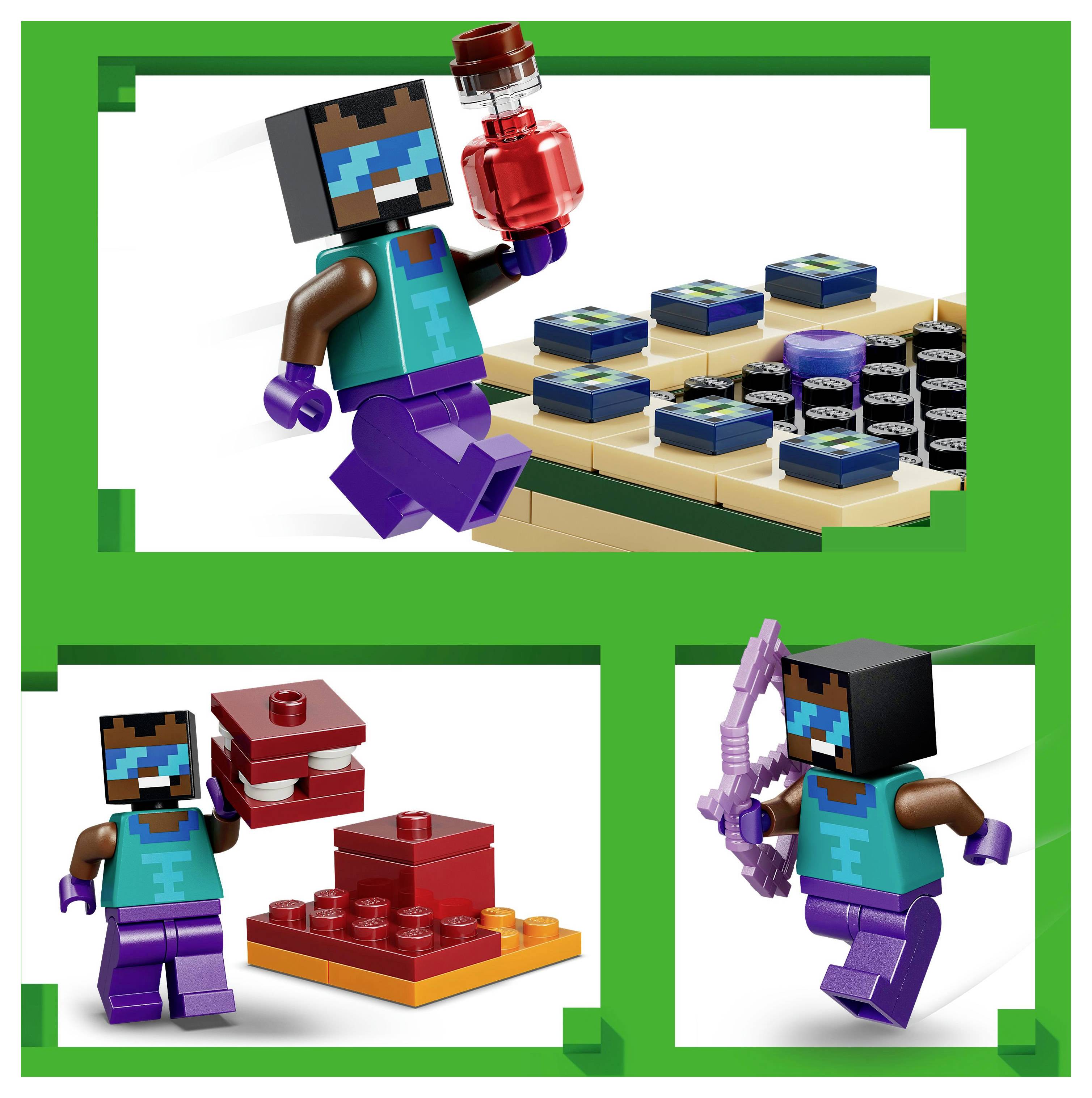 Three LEGO figures from a construction set, holding various items and standing on brick structures. One carries a potion bottle.