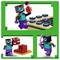 Three LEGO figures from a construction set, holding various items and standing on brick structures. One carries a potion bottle.