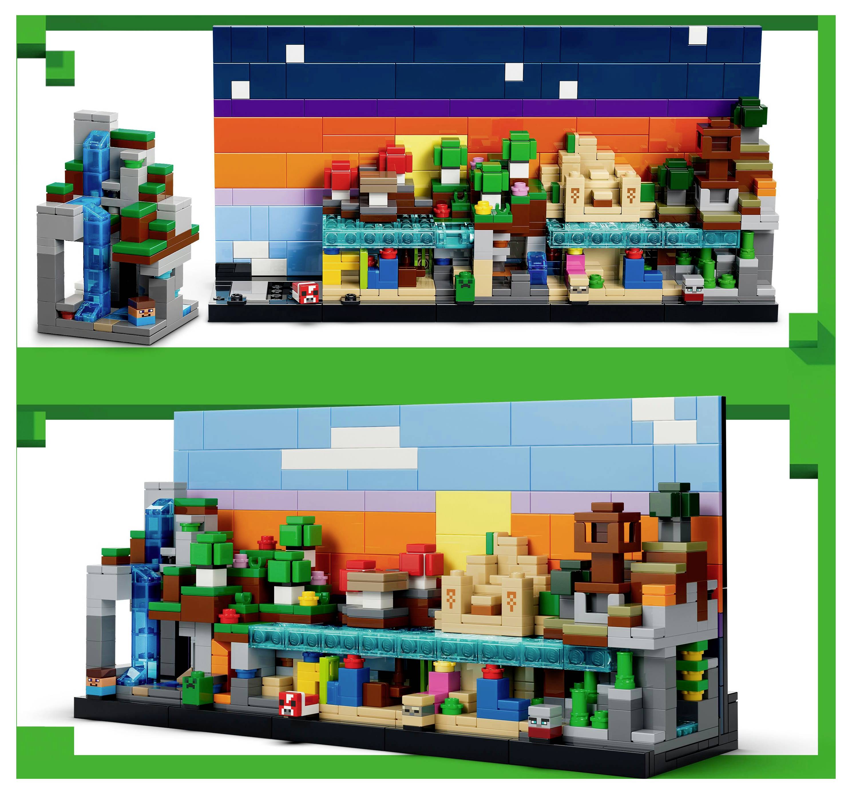 Lego set depicting a colorful landscape with trees, a waterfall, and a sunset sky background, showcasing detailed construction.