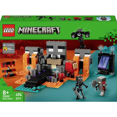 LEGO Minecraft set 'Wither Battle' featuring skeletons, a Wither figure, and blocky fortress with lava. Meant for ages 8 and up.