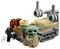 'A LEGO set features a small Baby Yoda figure seated in a brown and tan hover chair with grey mechanical details and two side handles.'