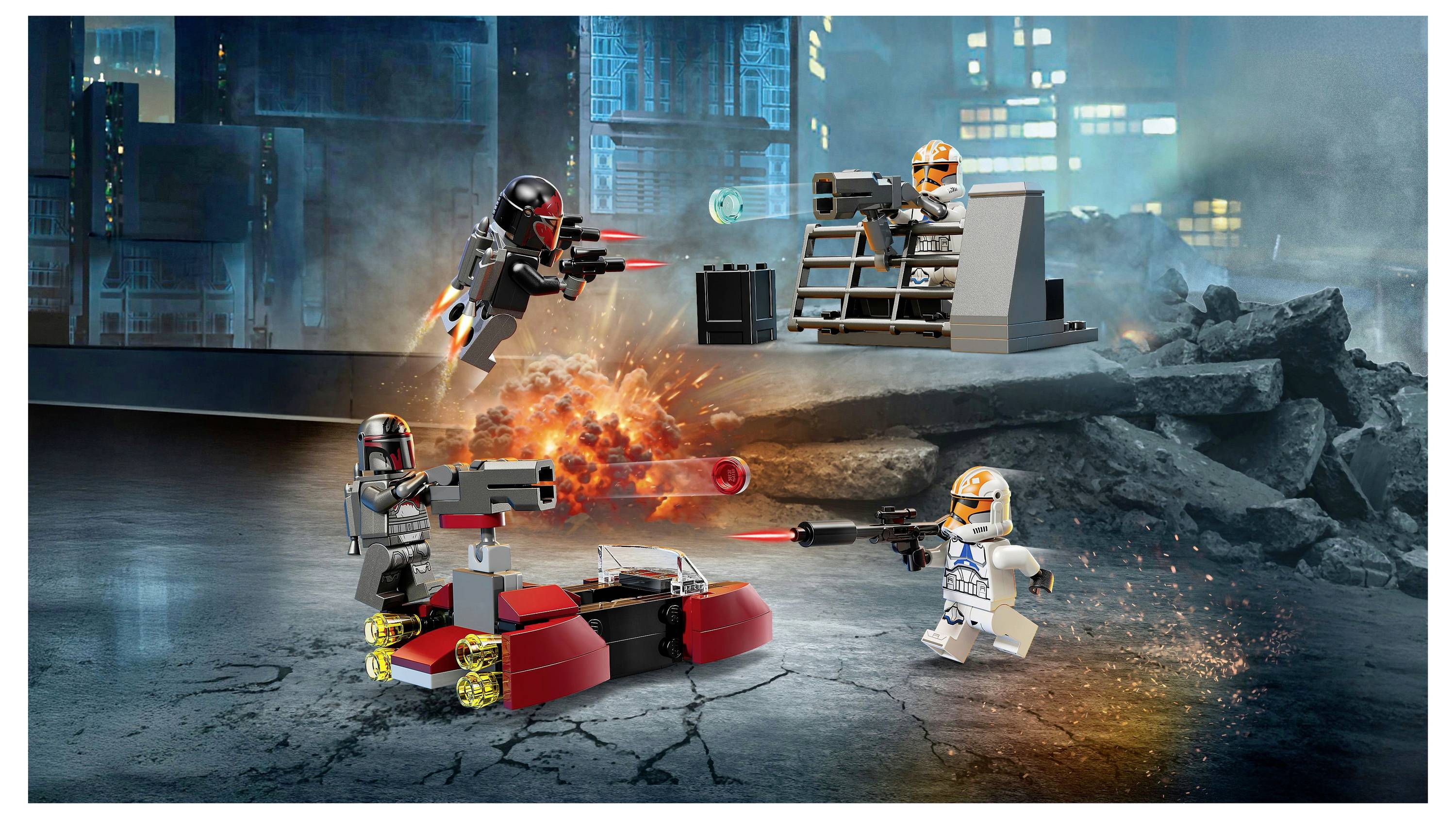 Lego action scene with four Minifigures engaged in a battle, wielding weapons and standing on a ruined, futuristic city backdrop.