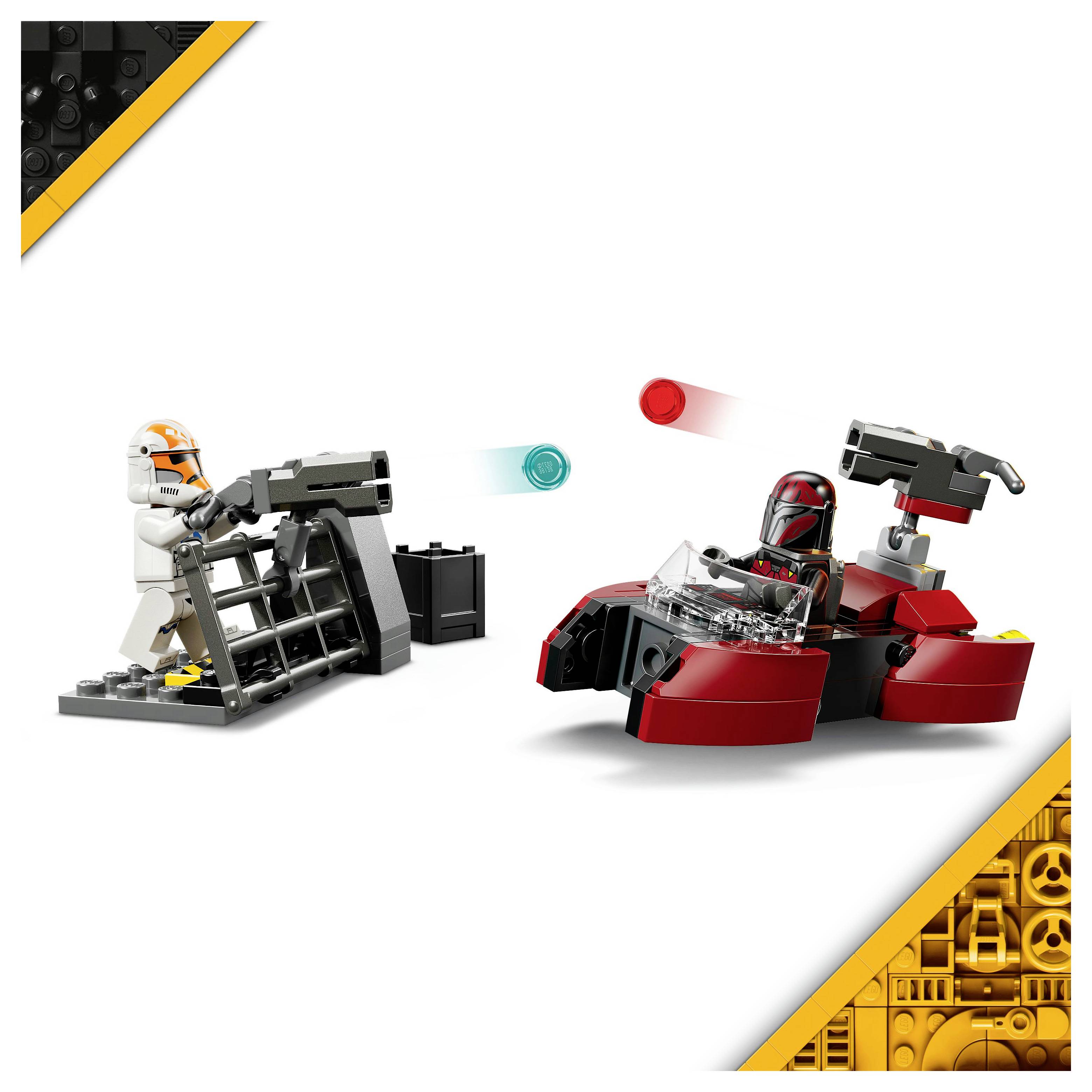 A LEGO set depicting a battle scene with two minifigures: one in white armor behind a barricade, and one in black armor on a red vehicle.