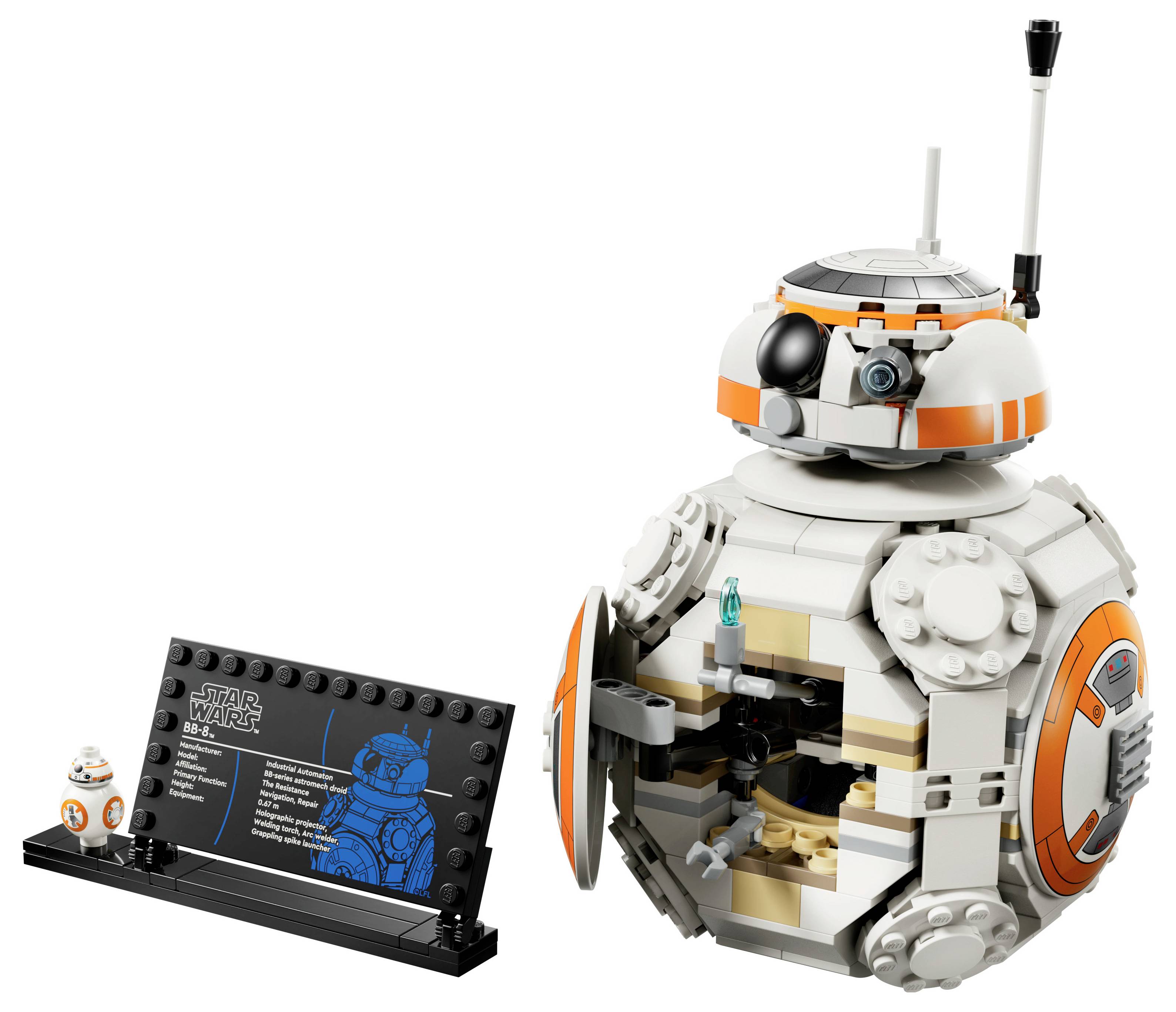 LEGO model of BB-8 from Star Wars, with a display plaque and a small BB-8 figure. The model features rotating head and opening panels.