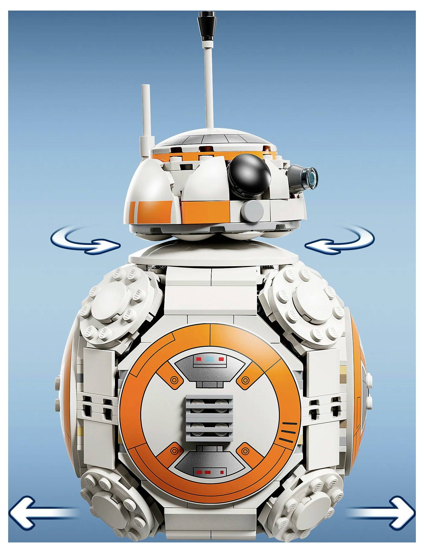 A toy robot with a spherical body and dome-shaped head, featuring orange and white details on a blue background. Arrows indicate rotation.