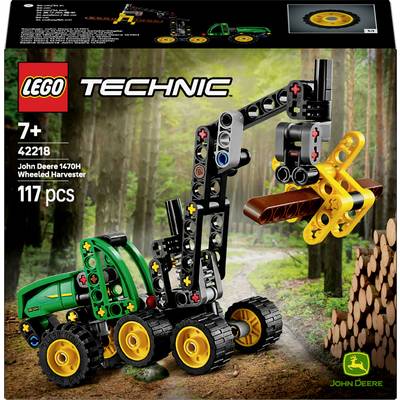 'Lego Technic John Deere 1470H Wheeled Harvester, 117 pieces, ages 7+, featuring a yellow and green forestry vehicle with realistic details.'