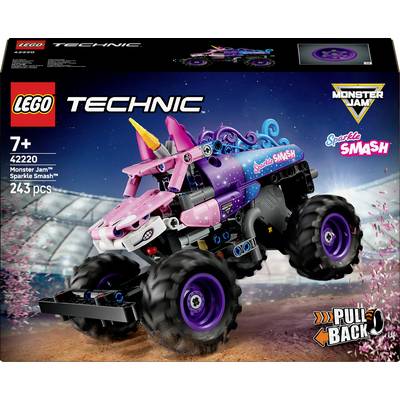 The image shows a LEGO Technic Monster Jam 'Sparkle Smash' set for ages 7+, featuring a colorful, unicorn-themed monster truck with 243 pieces.