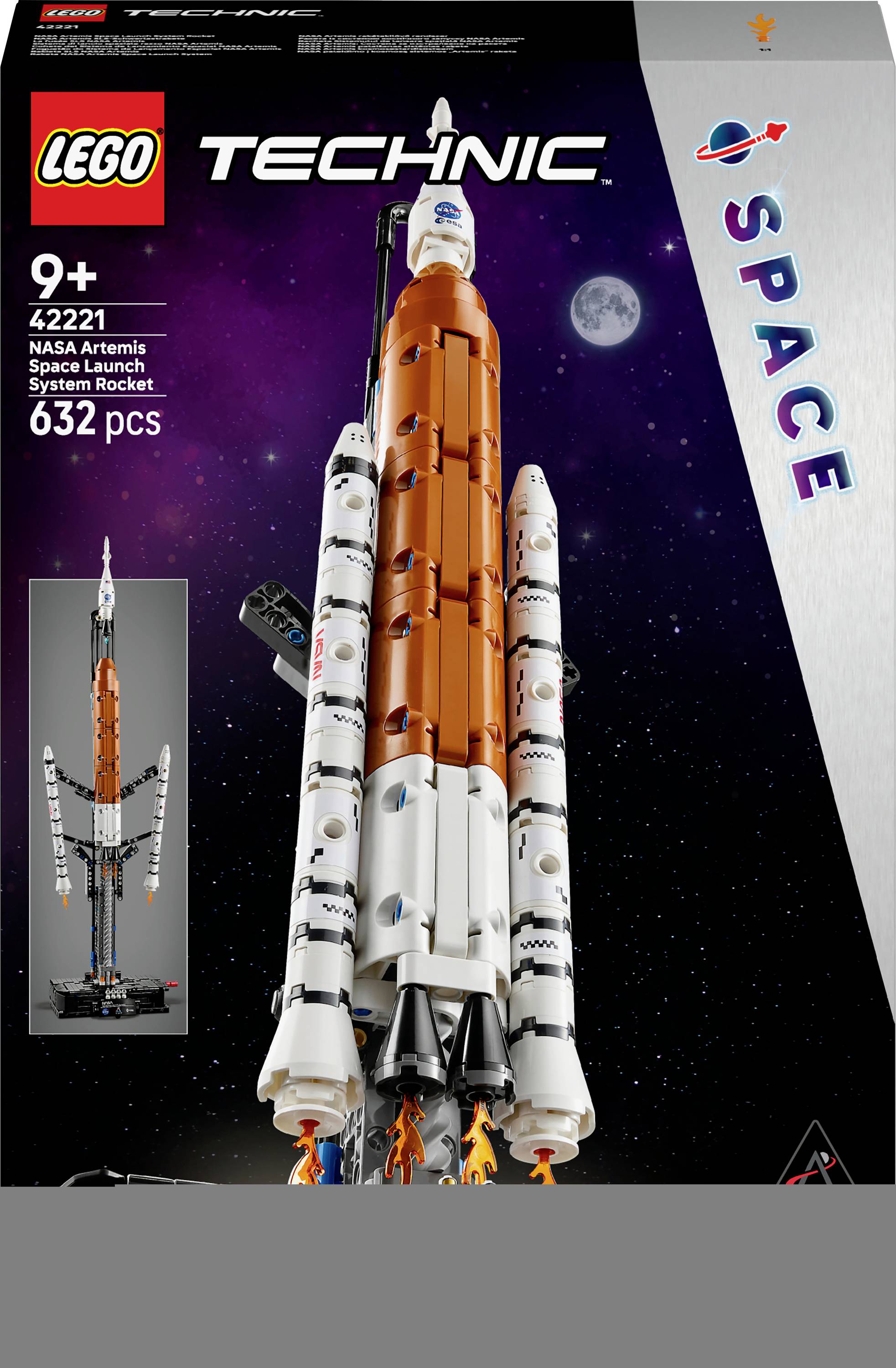 LEGO Technic NASA Artemis Space Launch System Rocket set, 632 pieces, for ages 9+, showcasing an orange and white rocket model.