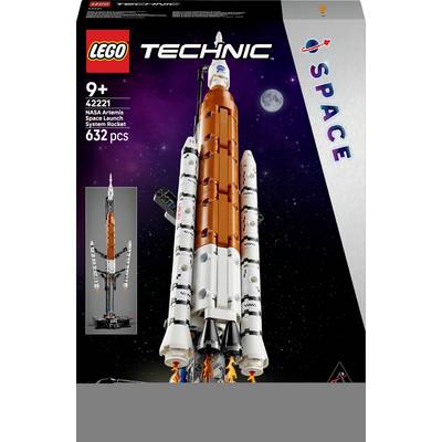 LEGO Technic NASA Artemis Space Launch System Rocket set, 632 pieces, for ages 9+, showcasing an orange and white rocket model.