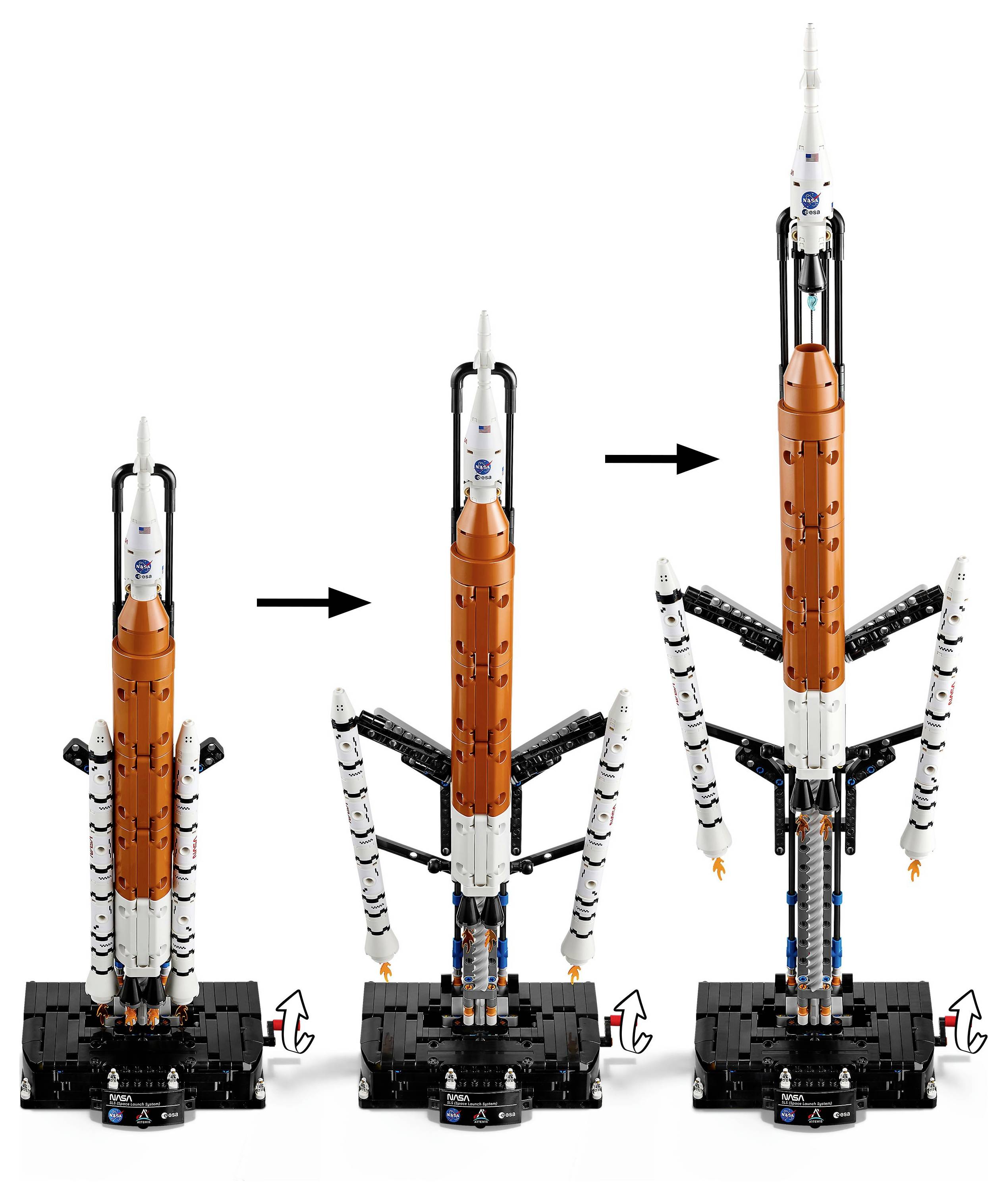 'Lego rocket model in three stages of launch preparation, showing upright position and detachable parts. Arrows indicate transformation.'