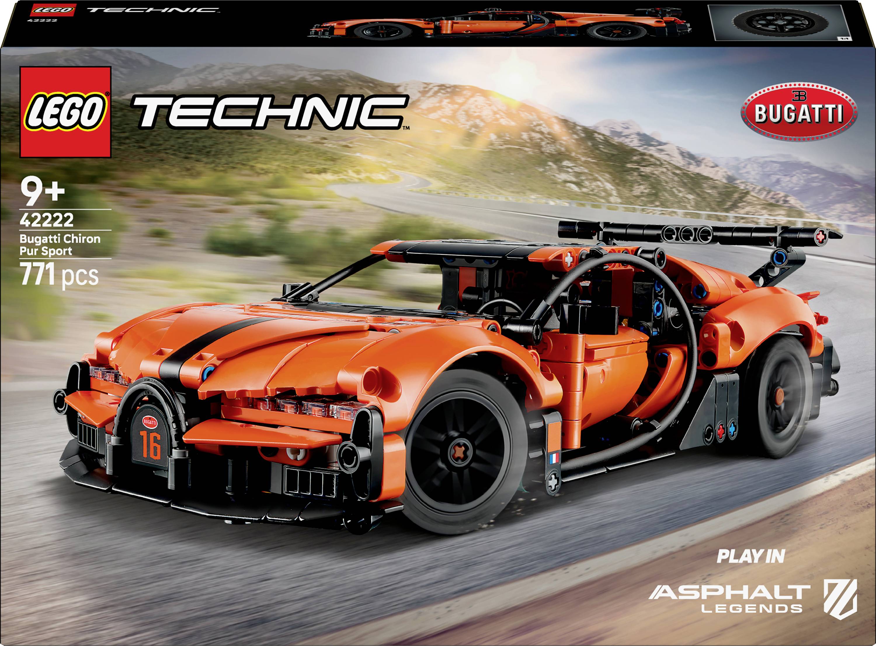LEGO Technic Bugatti Chiron Pur Sport set for ages 9+, 771 pieces. Features an orange sports car model. Promotes 'Asphalt Legends'.