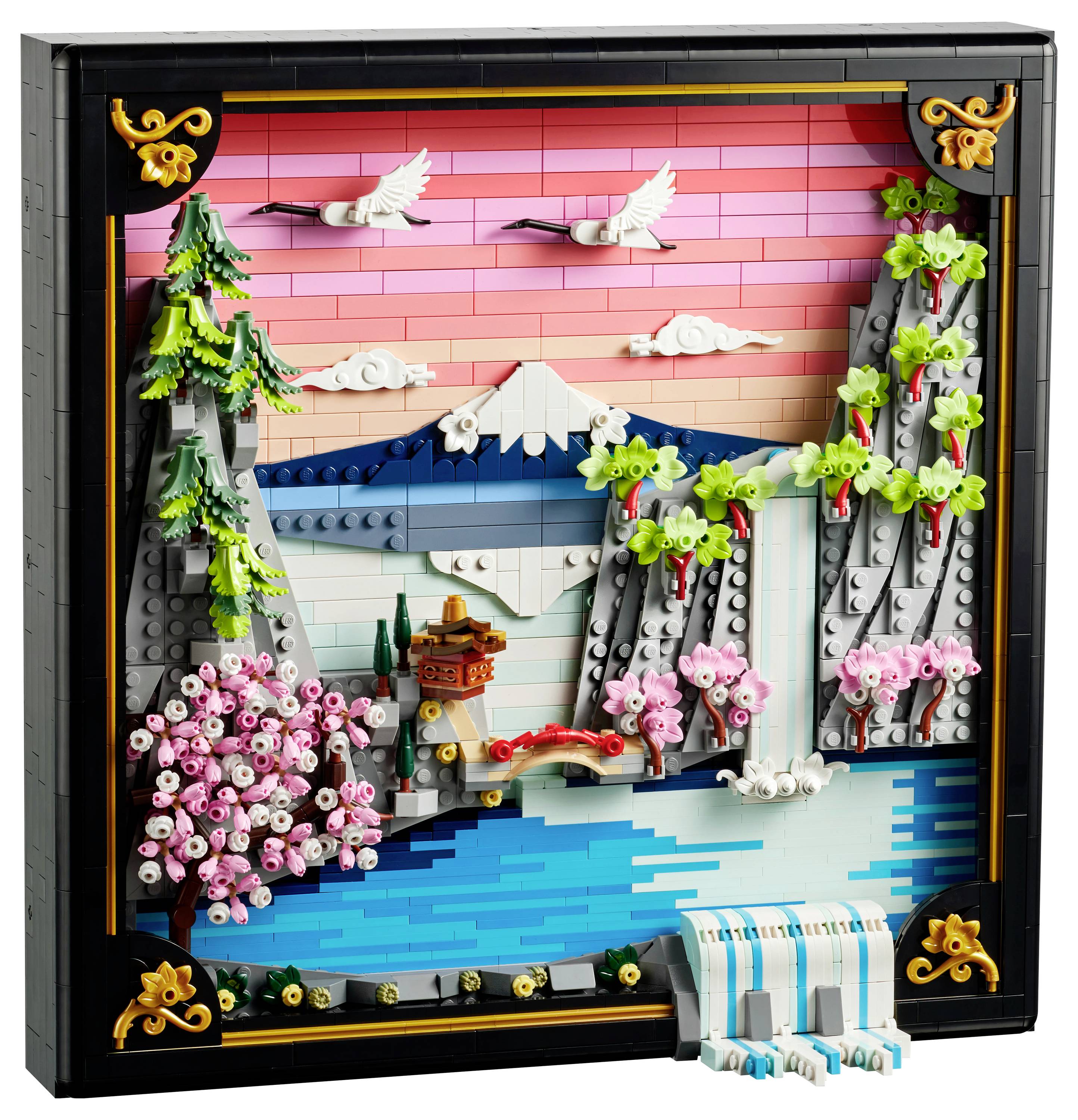 A LEGO artwork featuring a serene landscape with mountains, a waterfall, trees, and cranes flying against a colorful sky.