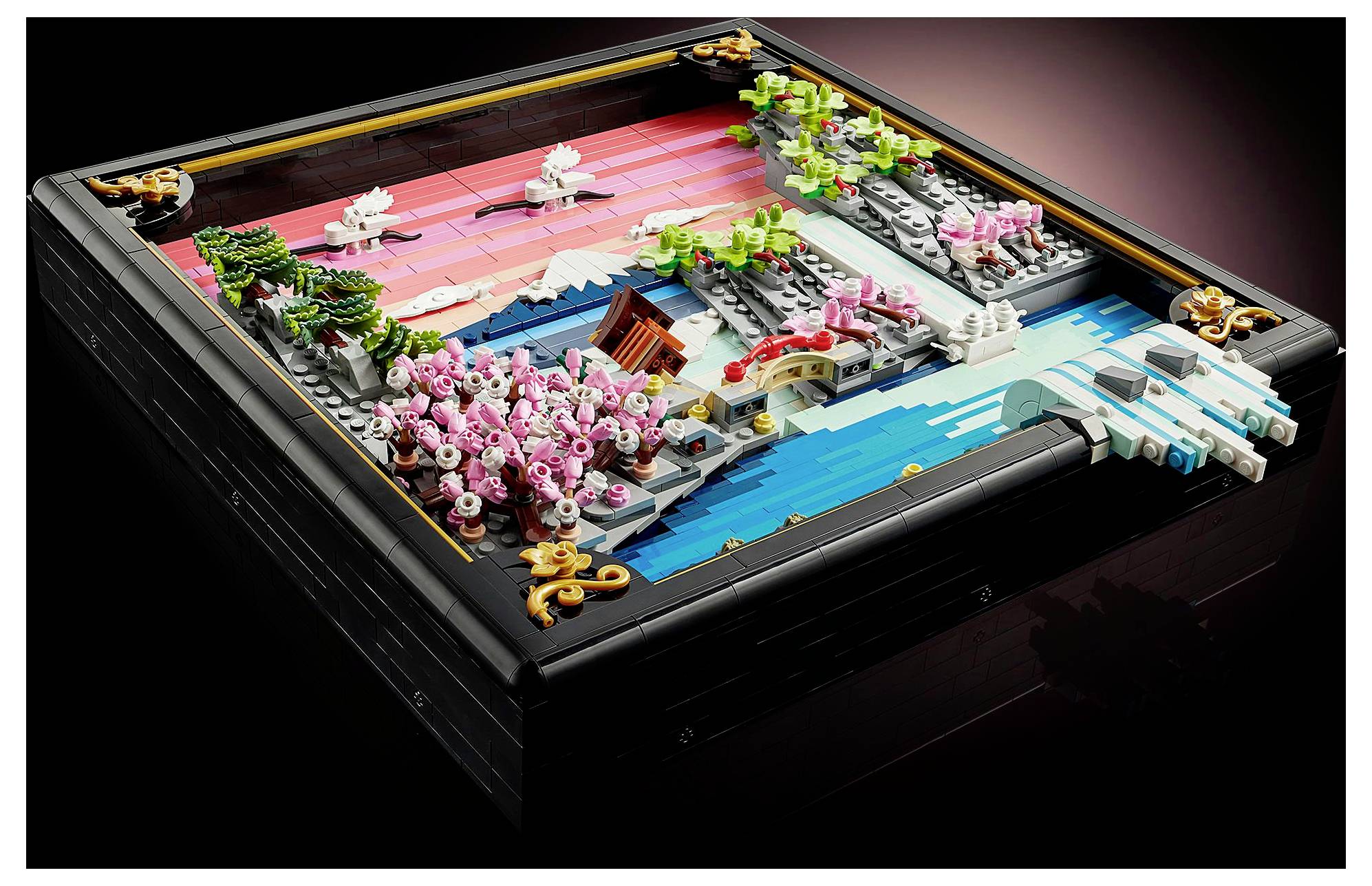 A colorful LEGO diorama depicting a Japanese cherry blossom scene with pink trees, a river, a traditional building, and a bridge.