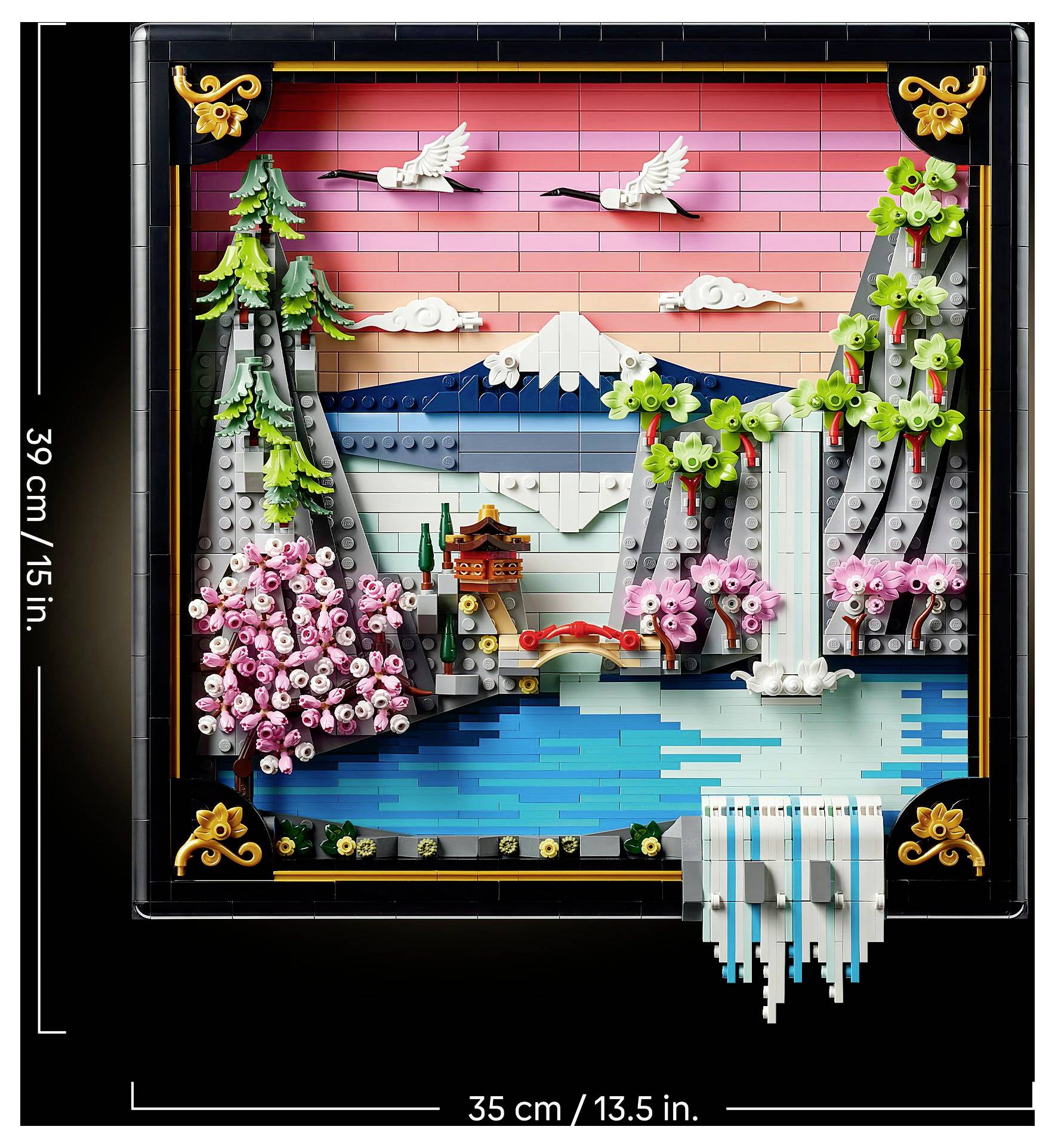'Lego artwork depicting a scenic landscape with mountains, waterfall, cherry blossom trees, and flying birds against a colorful sky.'