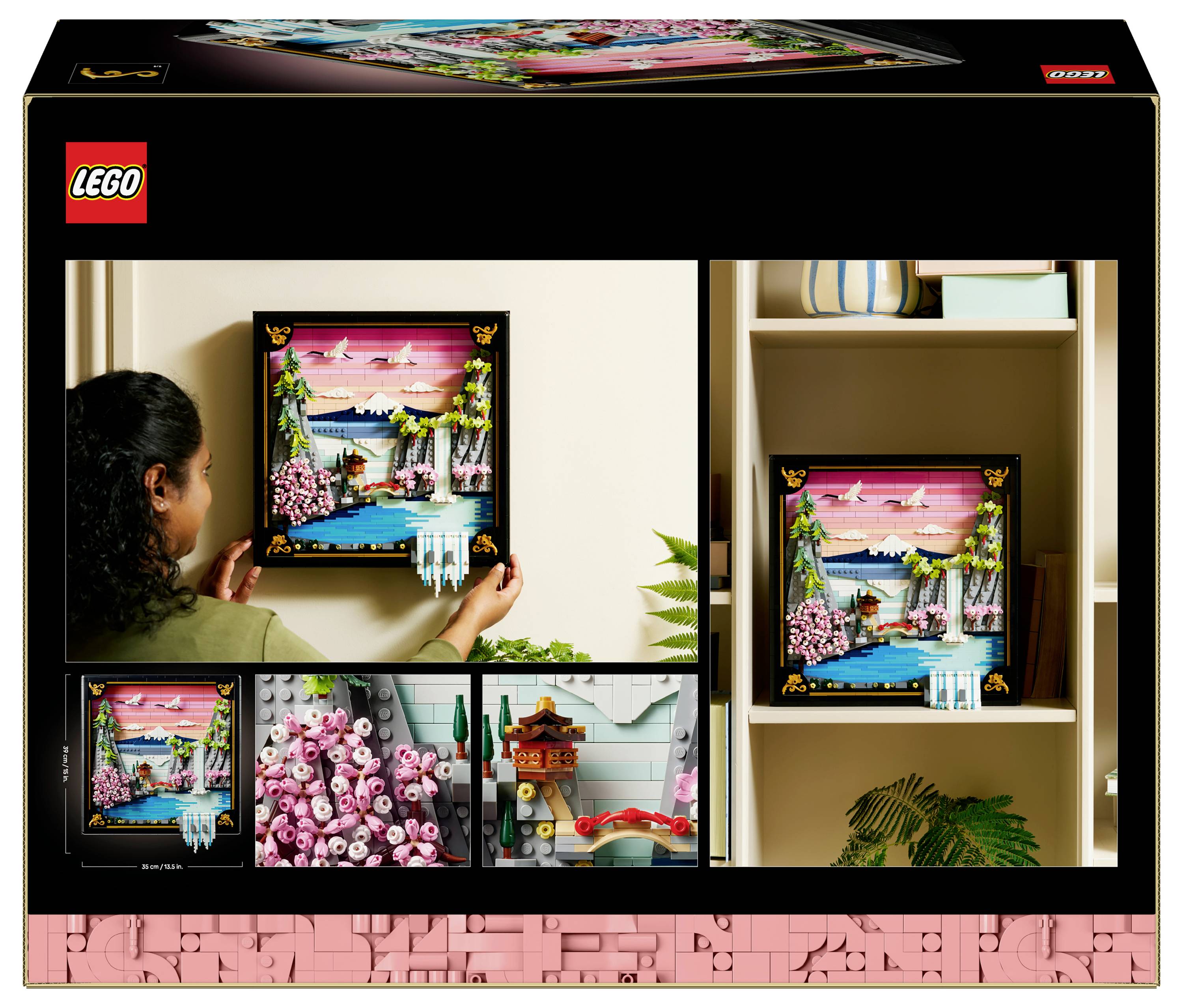 LEGO packaging displaying a vibrant landscape artwork with cherry blossoms and a pagoda, showcasing completed framed piece on a shelf.
