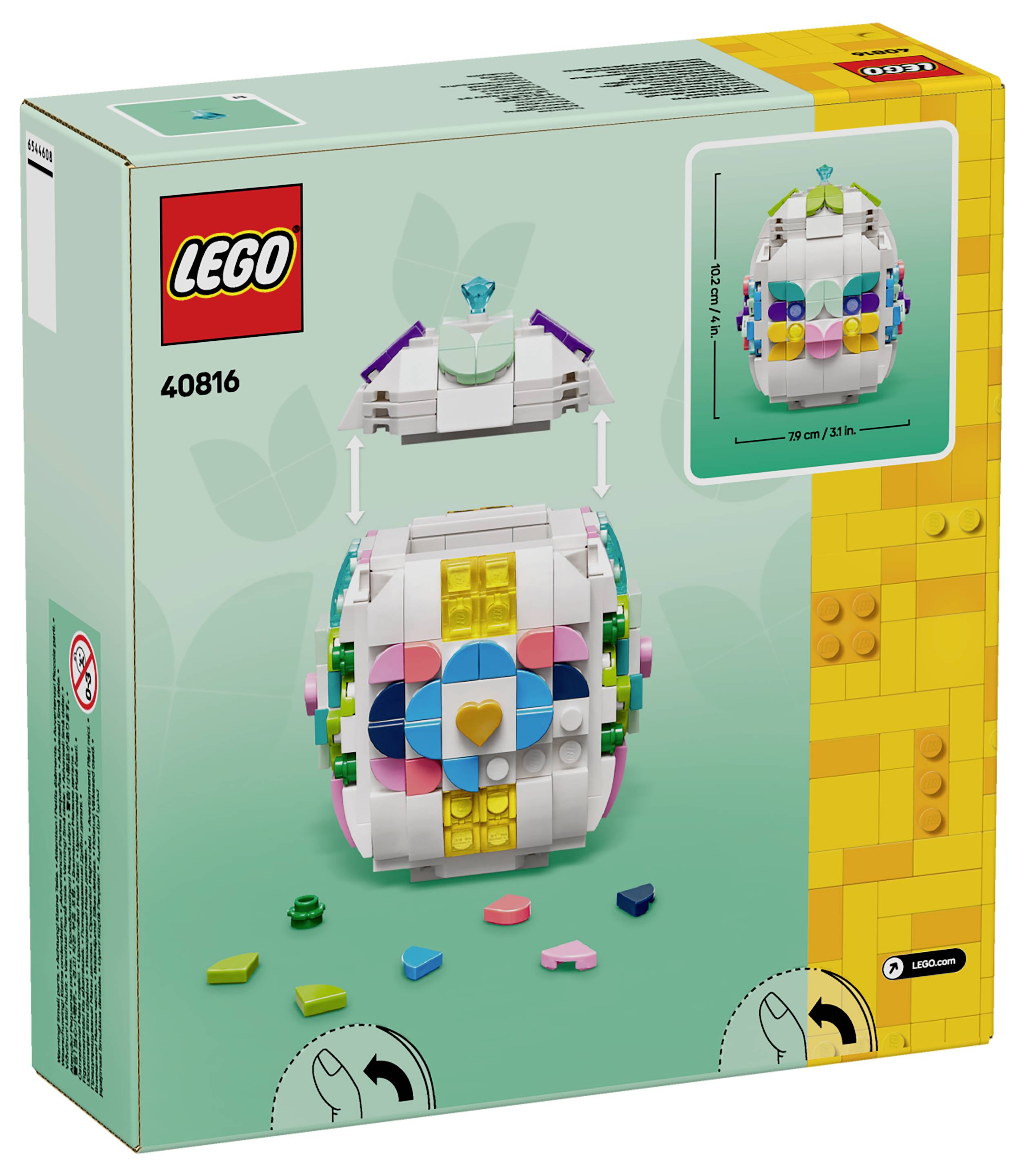 LEGO set 40816 box shows a colorful egg-shaped build with bright shapes and a heart on the front. Pieces are scattered around the base.