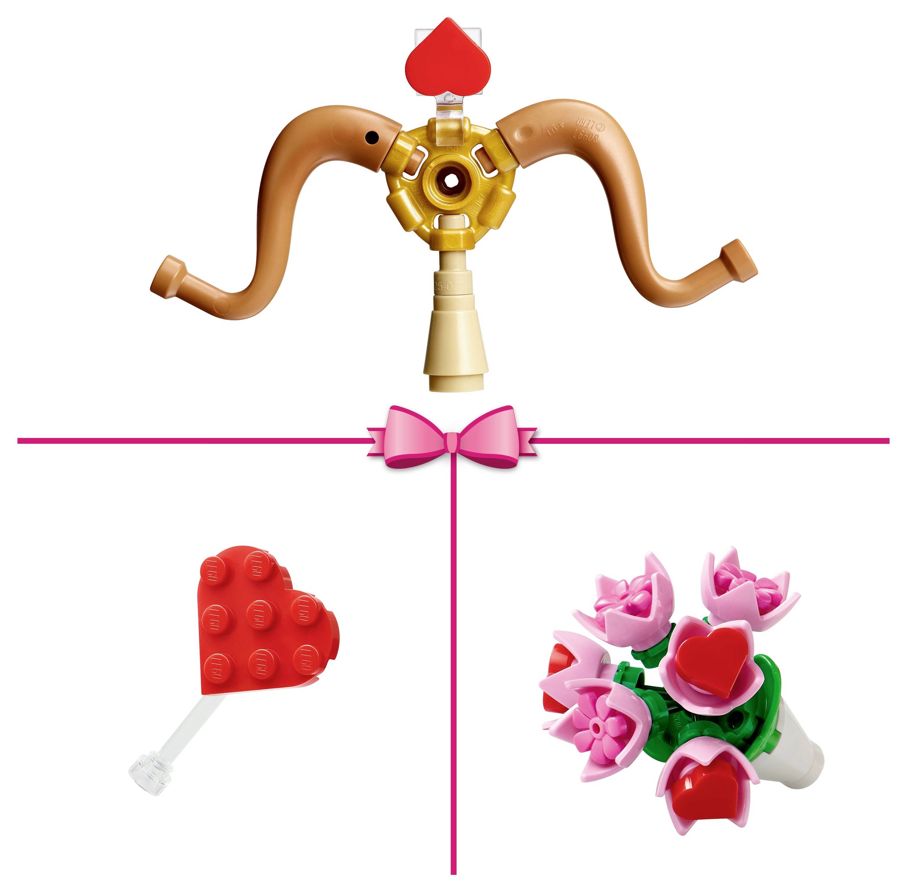 Lego Valentine's set featuring a heart-topped cupids bow, a red heart piece, and a bouquet of pink flowers with heart centers.