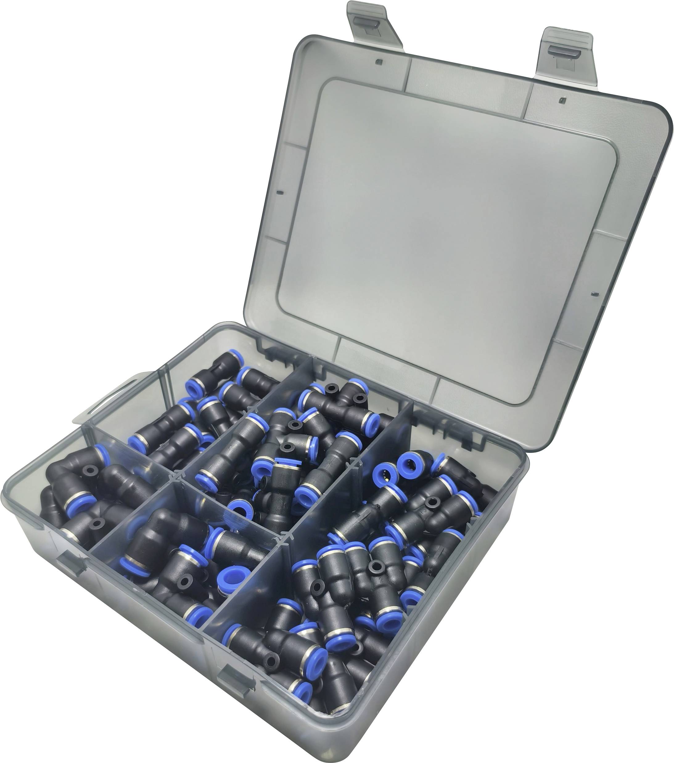 A plastic container with multiple compartments holds numerous black pipe fittings with blue highlights, used for plumbing or pneumatic systems.