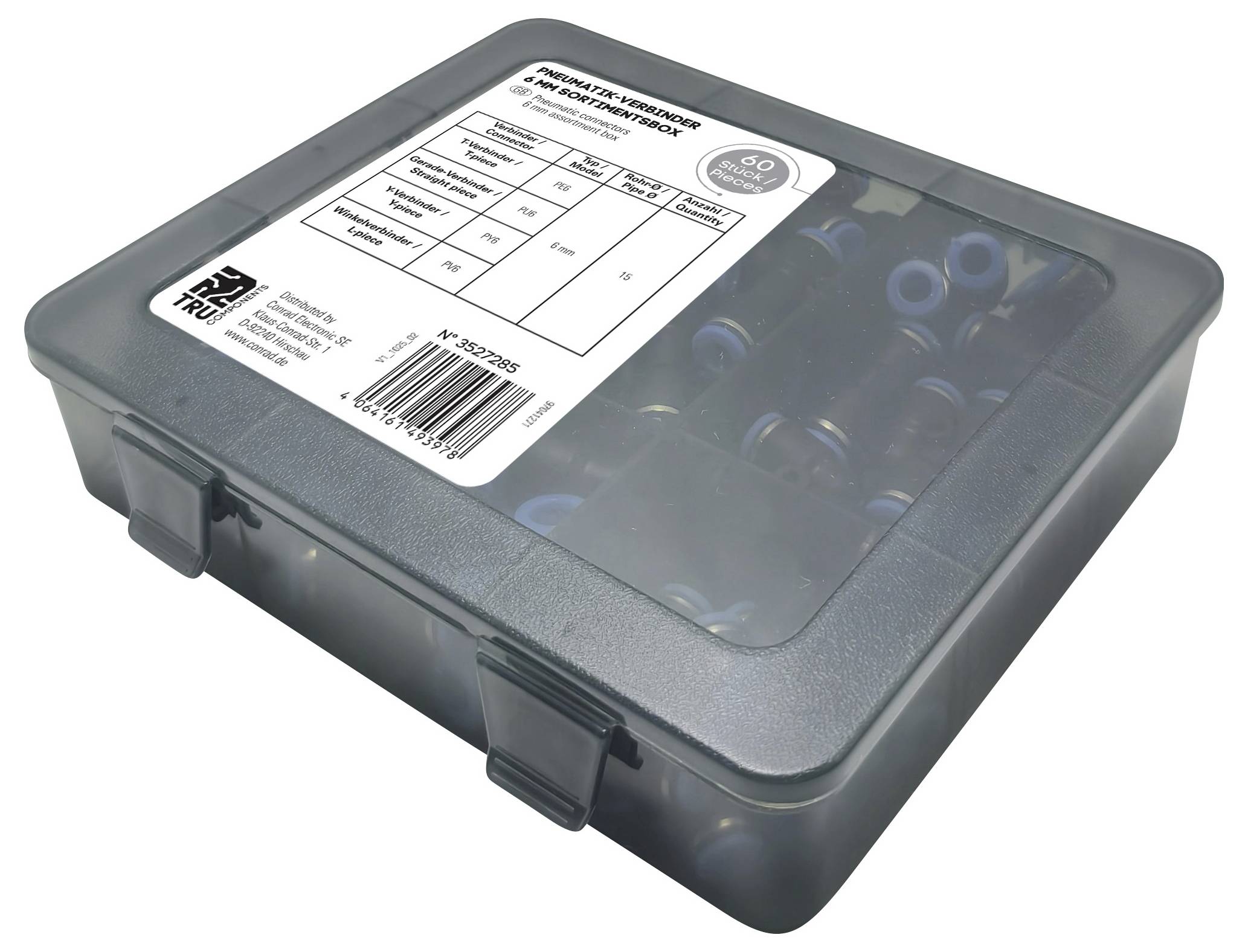 A plastic box containing assorted valve caps with a label detailing specifications and quantity.