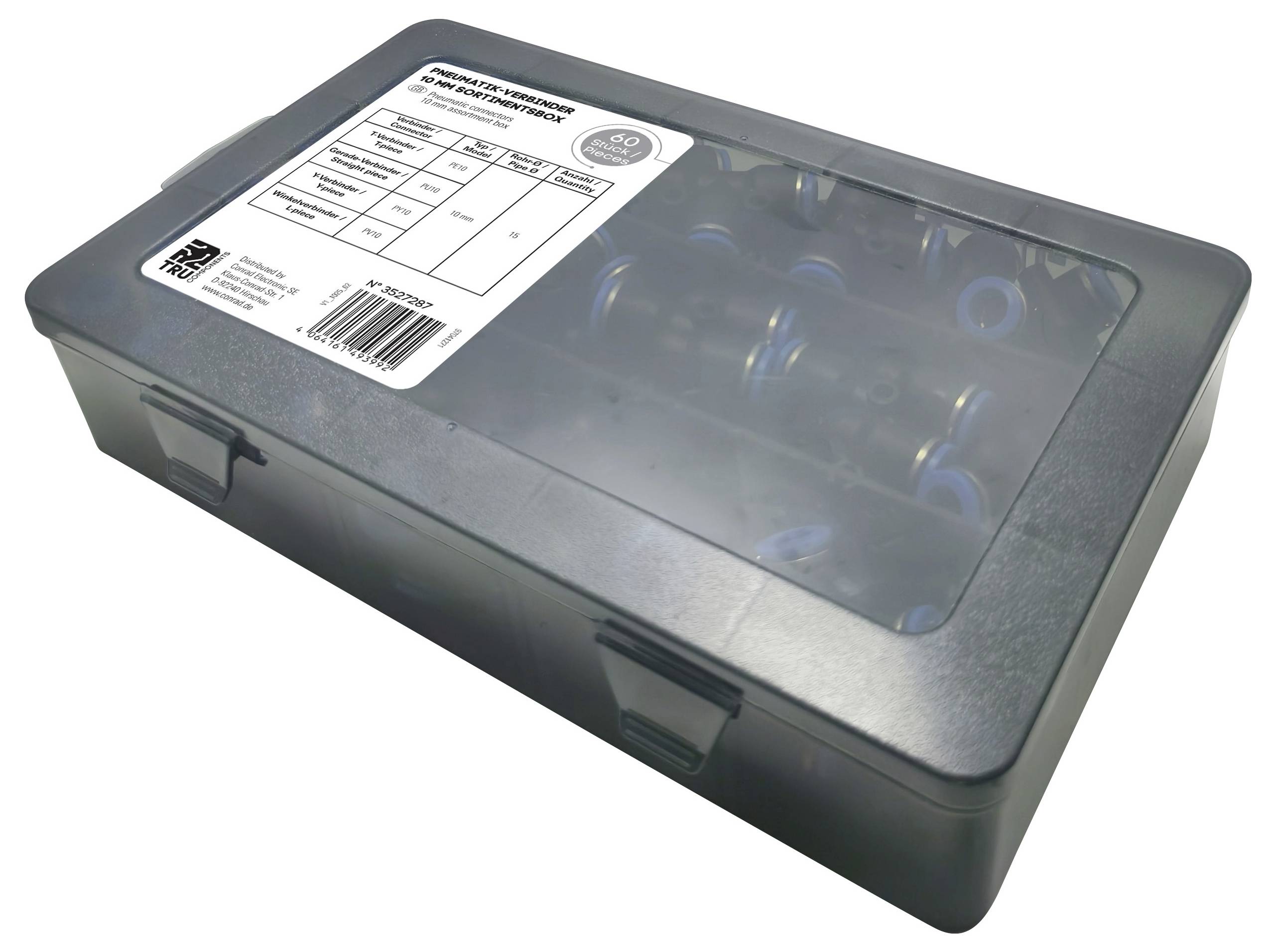 Transparent case containing electrical connectors, labeled with product details like model, size, and quantity, from SWA Limited.