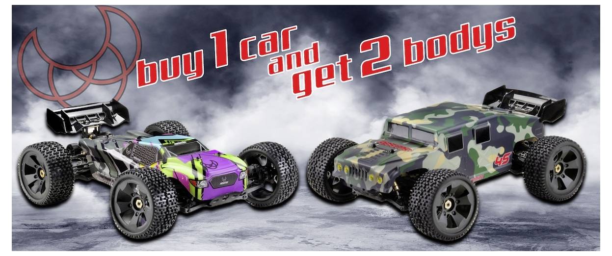 Two toy cars on rugged terrain with text 'buy 1 car and get 2 bodys' above. Left car has a colorful design; right car is camouflage.