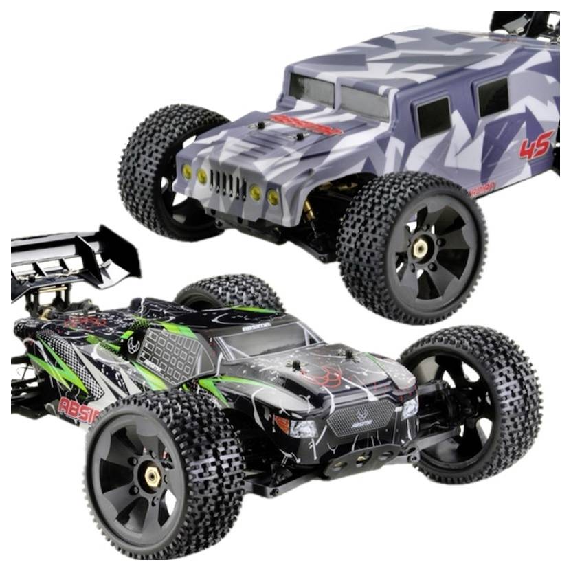 Two remote-controlled cars with rugged tires and detailed designs. The front car has green and gray patterns, the back car has a camouflaged look.